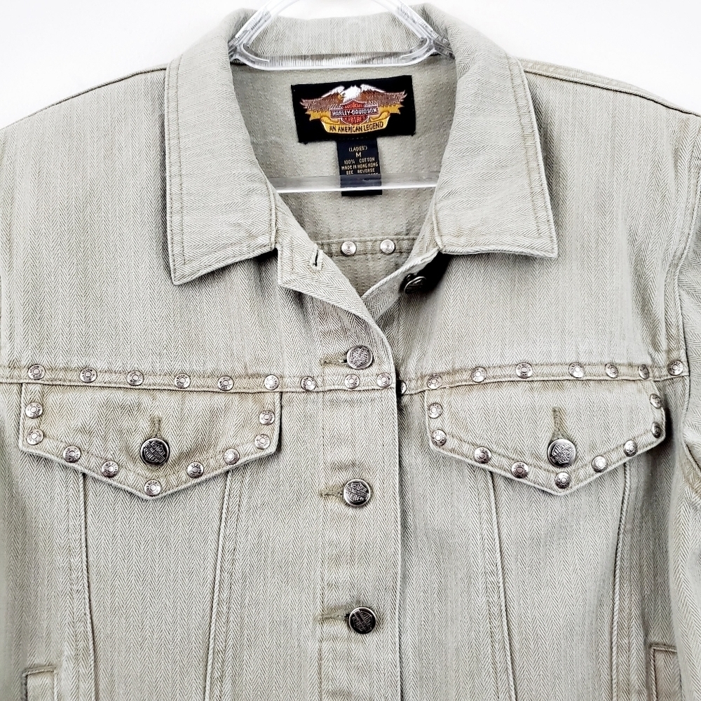 Harley Davidson | Taupe Studded Denim Crop Jacket - Picture 3 of 8